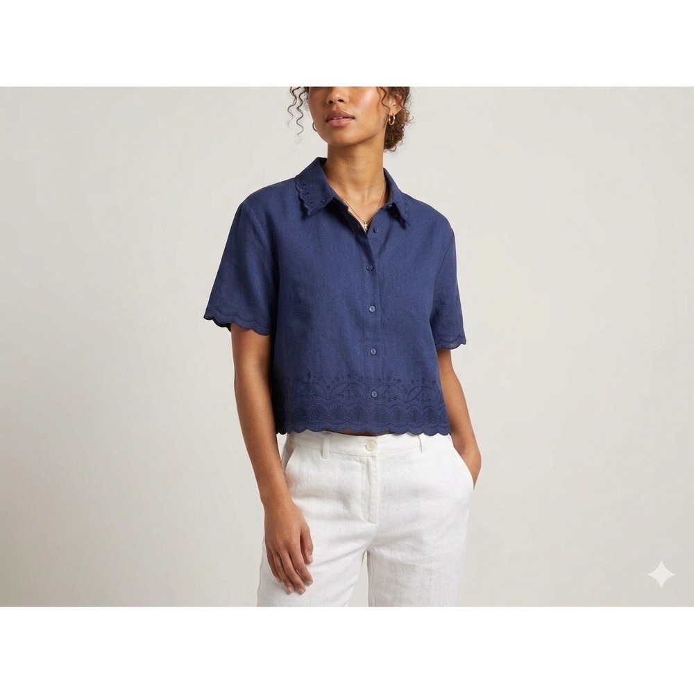NWT‎ Roller Rabbit Scalloped Hem  Short Sleeve Shirt Navy Blue Size Large $35